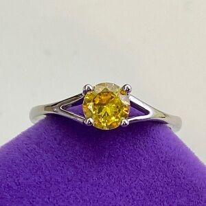 💛 Classic Silver Tone Brilliant Cut Yellow CZ Solitaire Minimalist Ring